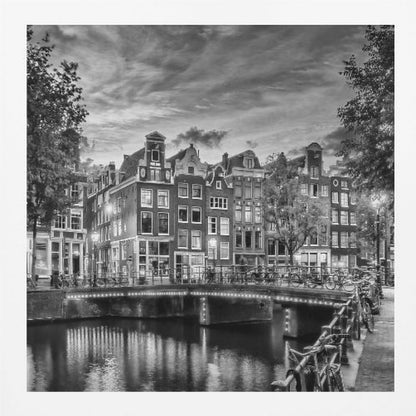 Monochrome art print depicting an idyllic impression of Singel in Amsterdam Wall Art