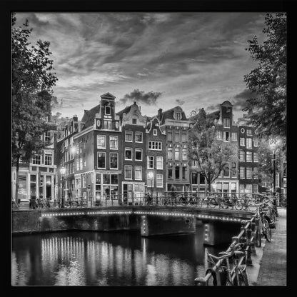 Monochrome art print depicting an idyllic impression of Singel in Amsterdam Wall Art