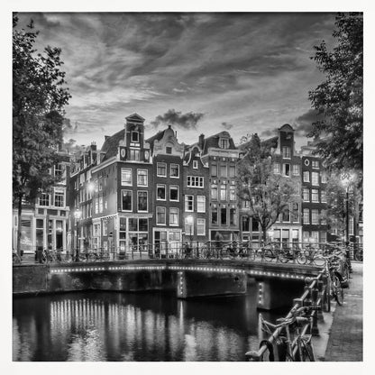 Monochrome art print depicting an idyllic impression of Singel in Amsterdam Wall Art