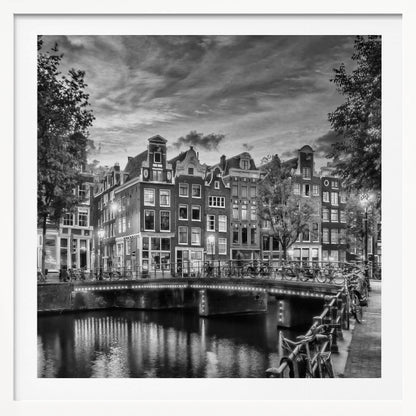 Monochrome art print depicting an idyllic impression of Singel in Amsterdam Wall Art