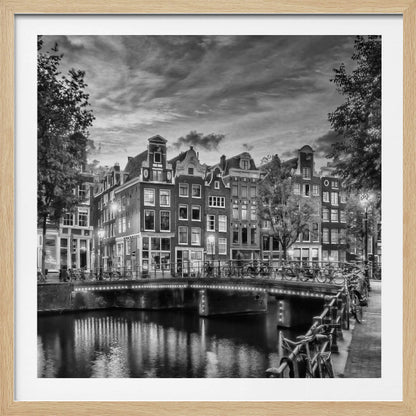 Monochrome art print depicting an idyllic impression of Singel in Amsterdam Wall Art
