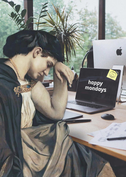 A humorous digital collage where a woman from a classical painting, looking weary and dressed in historical attire, sits at a modern office desk with a laptop that ironically reads 'happy mondays' on the screen. Artwork