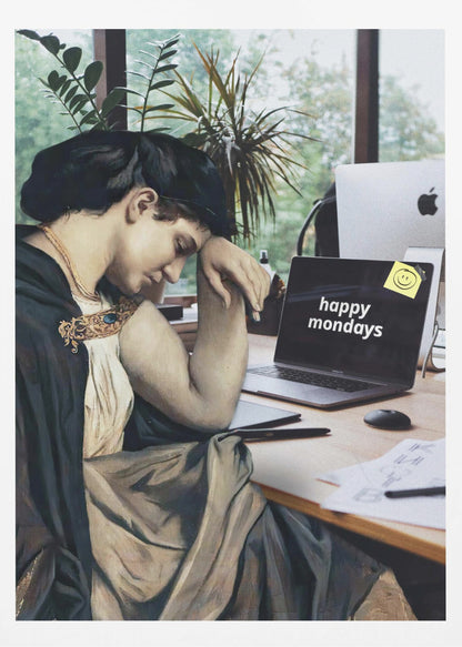 A humorous digital collage where a woman from a classical painting, looking weary and dressed in historical attire, sits at a modern office desk with a laptop that ironically reads 'happy mondays' on the screen. Artwork