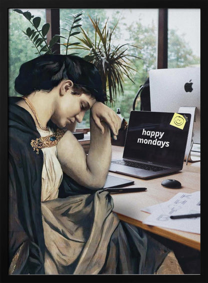 A humorous digital collage where a woman from a classical painting, looking weary and dressed in historical attire, sits at a modern office desk with a laptop that ironically reads 'happy mondays' on the screen. Artwork