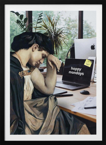 A humorous digital collage where a woman from a classical painting, looking weary and dressed in historical attire, sits at a modern office desk with a laptop that ironically reads 'happy mondays' on the screen. Artwork