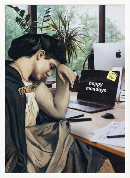 A humorous digital collage where a woman from a classical painting, looking weary and dressed in historical attire, sits at a modern office desk with a laptop that ironically reads 'happy mondays' on the screen. Artwork