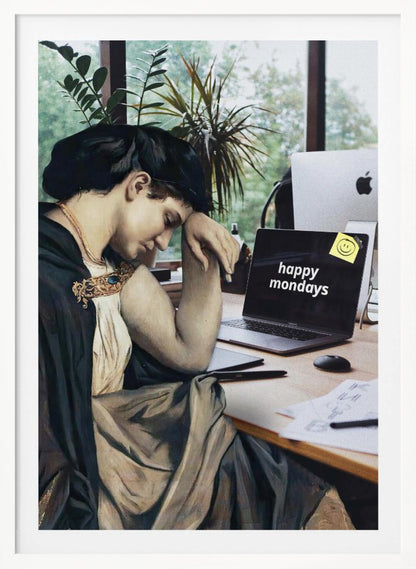 A humorous digital collage where a woman from a classical painting, looking weary and dressed in historical attire, sits at a modern office desk with a laptop that ironically reads 'happy mondays' on the screen. Artwork