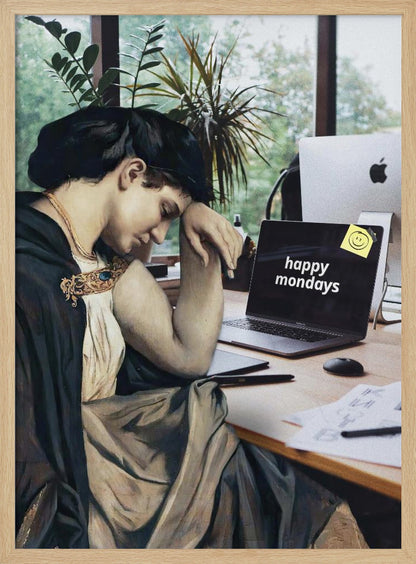 A humorous digital collage where a woman from a classical painting, looking weary and dressed in historical attire, sits at a modern office desk with a laptop that ironically reads 'happy mondays' on the screen. Artwork