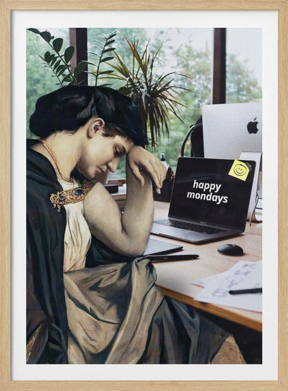 A humorous digital collage where a woman from a classical painting, looking weary and dressed in historical attire, sits at a modern office desk with a laptop that ironically reads 'happy mondays' on the screen. Artwork
