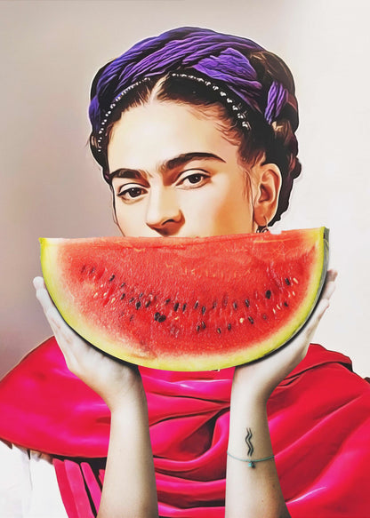 A vibrant, stylized portrait of Frida Kahlo holding a large slice of watermelon up to her mouth. She wears a purple headwrap in her dark braided hair and a bright red shawl, gazing intensely at the viewer over the fruit. Decor