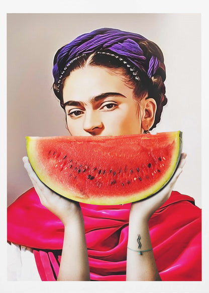 A vibrant, stylized portrait of Frida Kahlo holding a large slice of watermelon up to her mouth. She wears a purple headwrap in her dark braided hair and a bright red shawl, gazing intensely at the viewer over the fruit. Decor