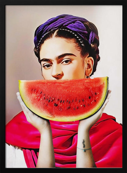 A vibrant, stylized portrait of Frida Kahlo holding a large slice of watermelon up to her mouth. She wears a purple headwrap in her dark braided hair and a bright red shawl, gazing intensely at the viewer over the fruit. Decor