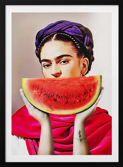 A vibrant, stylized portrait of Frida Kahlo holding a large slice of watermelon up to her mouth. She wears a purple headwrap in her dark braided hair and a bright red shawl, gazing intensely at the viewer over the fruit. Decor