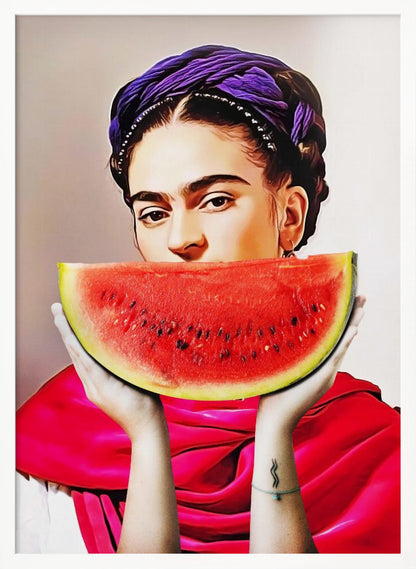 A vibrant, stylized portrait of Frida Kahlo holding a large slice of watermelon up to her mouth. She wears a purple headwrap in her dark braided hair and a bright red shawl, gazing intensely at the viewer over the fruit. Decor