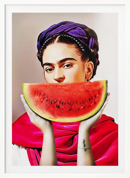 A vibrant, stylized portrait of Frida Kahlo holding a large slice of watermelon up to her mouth. She wears a purple headwrap in her dark braided hair and a bright red shawl, gazing intensely at the viewer over the fruit. Decor