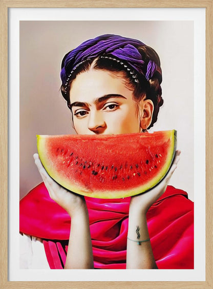 A vibrant, stylized portrait of Frida Kahlo holding a large slice of watermelon up to her mouth. She wears a purple headwrap in her dark braided hair and a bright red shawl, gazing intensely at the viewer over the fruit. Decor