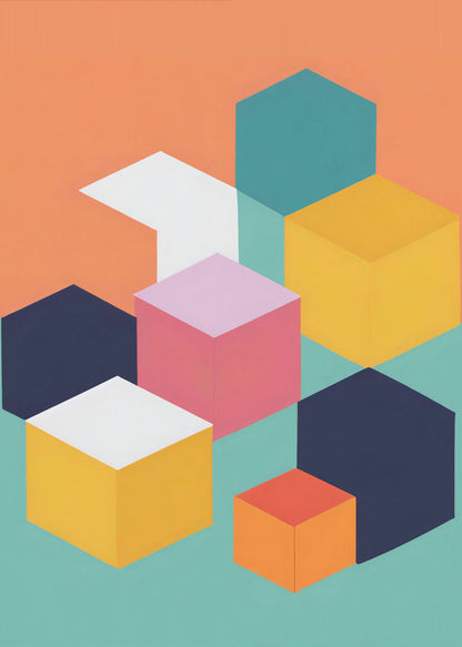 A modern abstract art print featuring a collection of colorful isometric cubes and hexagons against a two-toned background of orange and teal. The geometric shapes are in shades of navy, yellow, pink, white, and orange, arranged to create a 3D illusion. Decor
