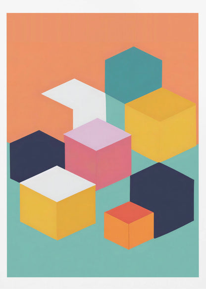 A modern abstract art print featuring a collection of colorful isometric cubes and hexagons against a two-toned background of orange and teal. The geometric shapes are in shades of navy, yellow, pink, white, and orange, arranged to create a 3D illusion. Decor