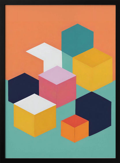 A modern abstract art print featuring a collection of colorful isometric cubes and hexagons against a two-toned background of orange and teal. The geometric shapes are in shades of navy, yellow, pink, white, and orange, arranged to create a 3D illusion. Decor