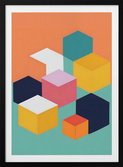 A modern abstract art print featuring a collection of colorful isometric cubes and hexagons against a two-toned background of orange and teal. The geometric shapes are in shades of navy, yellow, pink, white, and orange, arranged to create a 3D illusion. Decor