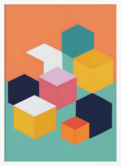 A modern abstract art print featuring a collection of colorful isometric cubes and hexagons against a two-toned background of orange and teal. The geometric shapes are in shades of navy, yellow, pink, white, and orange, arranged to create a 3D illusion. Decor