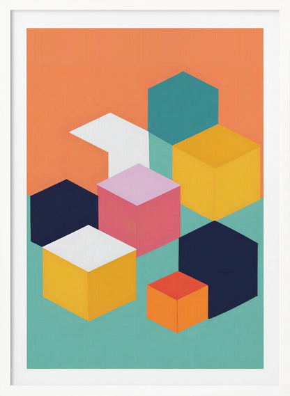 A modern abstract art print featuring a collection of colorful isometric cubes and hexagons against a two-toned background of orange and teal. The geometric shapes are in shades of navy, yellow, pink, white, and orange, arranged to create a 3D illusion. Decor