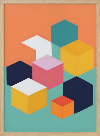 A modern abstract art print featuring a collection of colorful isometric cubes and hexagons against a two-toned background of orange and teal. The geometric shapes are in shades of navy, yellow, pink, white, and orange, arranged to create a 3D illusion. Decor
