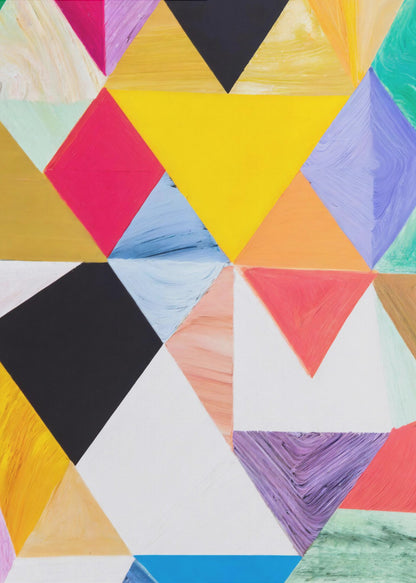 A colorful abstract painting with a geometric pattern of triangles in various hues like yellow, pink, purple, blue, green, orange, black, and white. The paint is applied thickly, showing visible brushstrokes and texture. The piece is set in a simple black frame. Poster