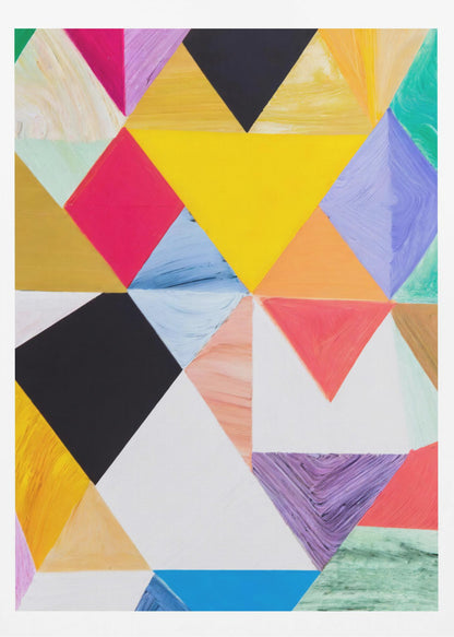 A colorful abstract painting with a geometric pattern of triangles in various hues like yellow, pink, purple, blue, green, orange, black, and white. The paint is applied thickly, showing visible brushstrokes and texture. The piece is set in a simple black frame. Poster