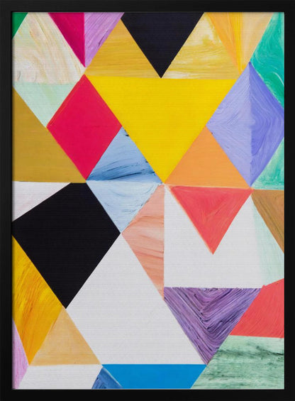 A colorful abstract painting with a geometric pattern of triangles in various hues like yellow, pink, purple, blue, green, orange, black, and white. The paint is applied thickly, showing visible brushstrokes and texture. The piece is set in a simple black frame. Poster