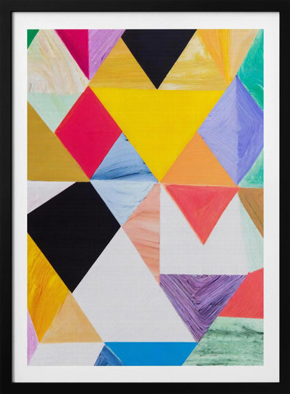 A colorful abstract painting with a geometric pattern of triangles in various hues like yellow, pink, purple, blue, green, orange, black, and white. The paint is applied thickly, showing visible brushstrokes and texture. The piece is set in a simple black frame. Poster