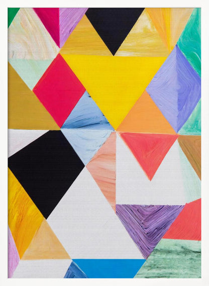 A colorful abstract painting with a geometric pattern of triangles in various hues like yellow, pink, purple, blue, green, orange, black, and white. The paint is applied thickly, showing visible brushstrokes and texture. The piece is set in a simple black frame. Poster