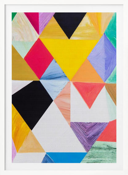 A colorful abstract painting with a geometric pattern of triangles in various hues like yellow, pink, purple, blue, green, orange, black, and white. The paint is applied thickly, showing visible brushstrokes and texture. The piece is set in a simple black frame. Poster