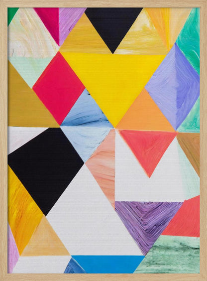 A colorful abstract painting with a geometric pattern of triangles in various hues like yellow, pink, purple, blue, green, orange, black, and white. The paint is applied thickly, showing visible brushstrokes and texture. The piece is set in a simple black frame. Poster