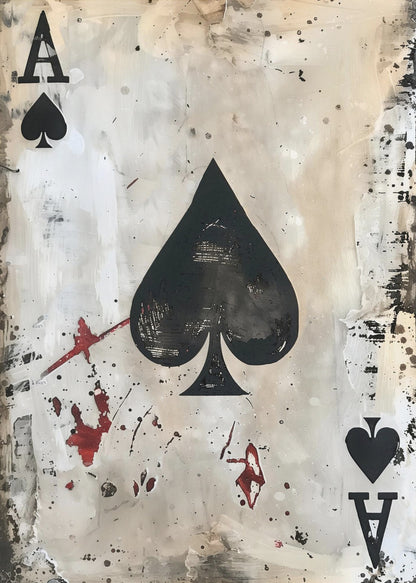 A framed piece of abstract art depicting the Ace of Spades. The painting has a distressed, grunge aesthetic with a smudged white and beige background, splattered with black ink and red paint resembling blood stains. Decor