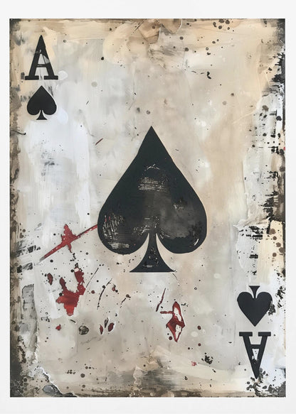 A framed piece of abstract art depicting the Ace of Spades. The painting has a distressed, grunge aesthetic with a smudged white and beige background, splattered with black ink and red paint resembling blood stains. Decor