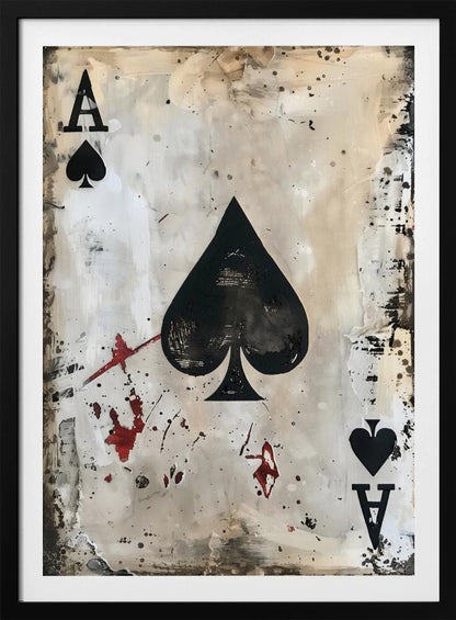 A framed piece of abstract art depicting the Ace of Spades. The painting has a distressed, grunge aesthetic with a smudged white and beige background, splattered with black ink and red paint resembling blood stains. Decor