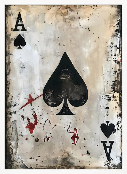 A framed piece of abstract art depicting the Ace of Spades. The painting has a distressed, grunge aesthetic with a smudged white and beige background, splattered with black ink and red paint resembling blood stains. Decor