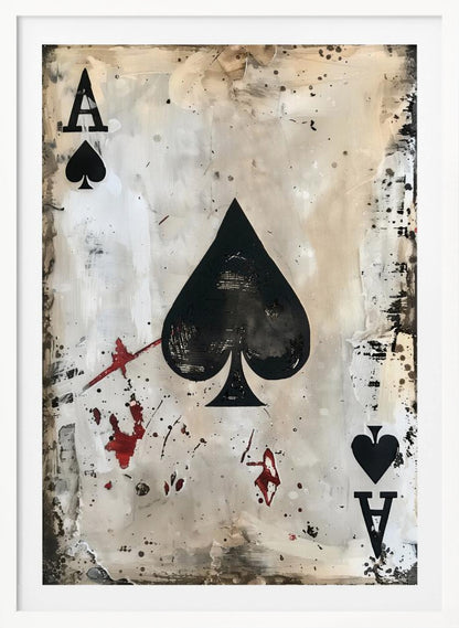 A framed piece of abstract art depicting the Ace of Spades. The painting has a distressed, grunge aesthetic with a smudged white and beige background, splattered with black ink and red paint resembling blood stains. Decor