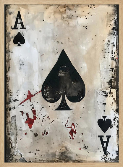 A framed piece of abstract art depicting the Ace of Spades. The painting has a distressed, grunge aesthetic with a smudged white and beige background, splattered with black ink and red paint resembling blood stains. Decor