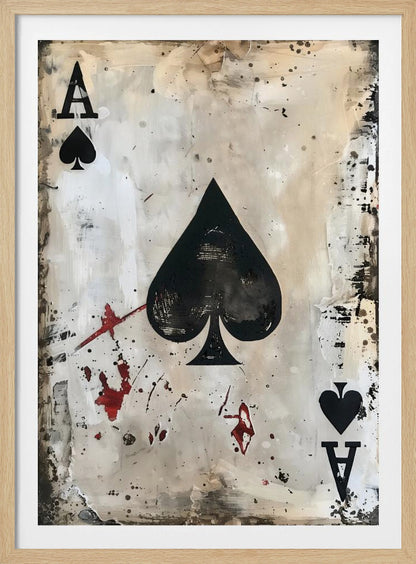A framed piece of abstract art depicting the Ace of Spades. The painting has a distressed, grunge aesthetic with a smudged white and beige background, splattered with black ink and red paint resembling blood stains. Decor