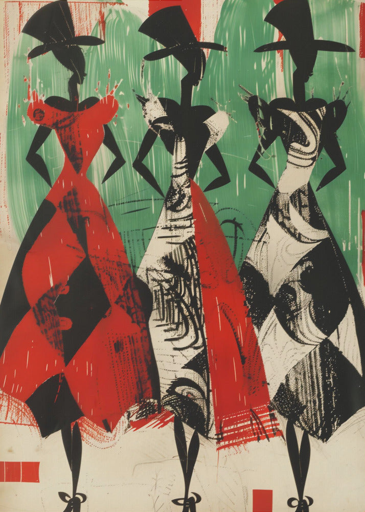 A vintage-style abstract illustration of three stylized female figures in a row. The figures are black silhouettes with large hats and full, patterned skirts. The woman on the left wears a red and black harlequin-patterned dress, while the other two wear black and white abstract-patterned dresses. The background is a textured green and off-white. Decor