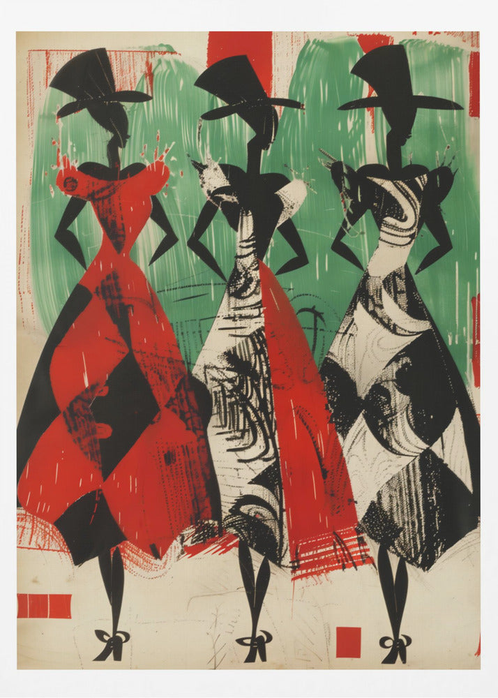 A vintage-style abstract illustration of three stylized female figures in a row. The figures are black silhouettes with large hats and full, patterned skirts. The woman on the left wears a red and black harlequin-patterned dress, while the other two wear black and white abstract-patterned dresses. The background is a textured green and off-white. Decor