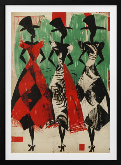 A vintage-style abstract illustration of three stylized female figures in a row. The figures are black silhouettes with large hats and full, patterned skirts. The woman on the left wears a red and black harlequin-patterned dress, while the other two wear black and white abstract-patterned dresses. The background is a textured green and off-white. Decor