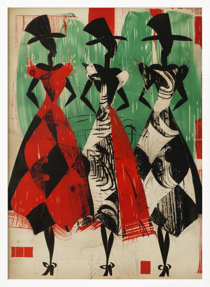 A vintage-style abstract illustration of three stylized female figures in a row. The figures are black silhouettes with large hats and full, patterned skirts. The woman on the left wears a red and black harlequin-patterned dress, while the other two wear black and white abstract-patterned dresses. The background is a textured green and off-white. Decor