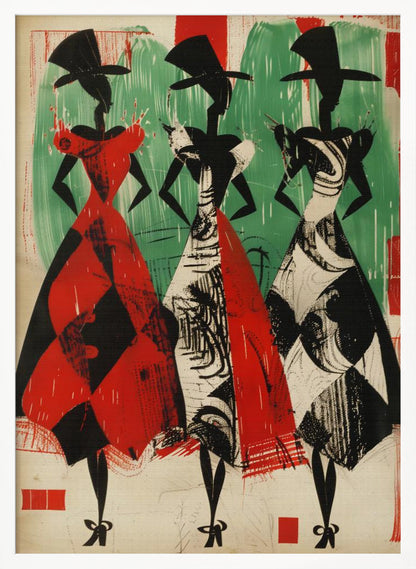 A vintage-style abstract illustration of three stylized female figures in a row. The figures are black silhouettes with large hats and full, patterned skirts. The woman on the left wears a red and black harlequin-patterned dress, while the other two wear black and white abstract-patterned dresses. The background is a textured green and off-white. Decor