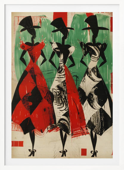 A vintage-style abstract illustration of three stylized female figures in a row. The figures are black silhouettes with large hats and full, patterned skirts. The woman on the left wears a red and black harlequin-patterned dress, while the other two wear black and white abstract-patterned dresses. The background is a textured green and off-white. Decor