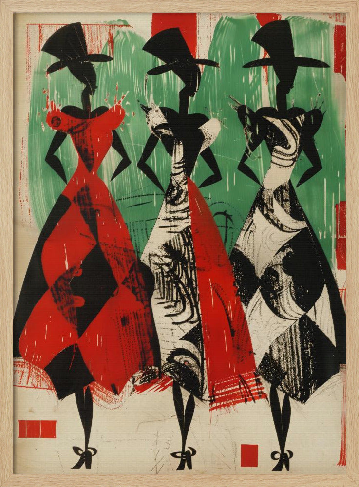 A vintage-style abstract illustration of three stylized female figures in a row. The figures are black silhouettes with large hats and full, patterned skirts. The woman on the left wears a red and black harlequin-patterned dress, while the other two wear black and white abstract-patterned dresses. The background is a textured green and off-white. Decor