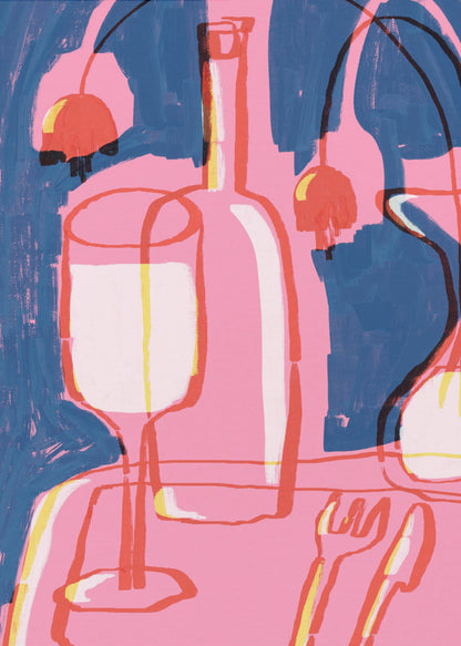 An abstract still life painting featuring a vibrant pink table setting against a deep blue background. The composition includes the overlapping red and yellow outlines of a wine glass, a bottle, and cutlery. Abstract red shapes resembling cherries or lamps hang in the background, adding to the modern and expressive feel. Poster