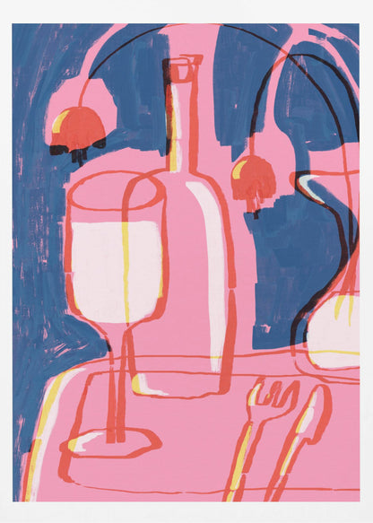 An abstract still life painting featuring a vibrant pink table setting against a deep blue background. The composition includes the overlapping red and yellow outlines of a wine glass, a bottle, and cutlery. Abstract red shapes resembling cherries or lamps hang in the background, adding to the modern and expressive feel. Poster